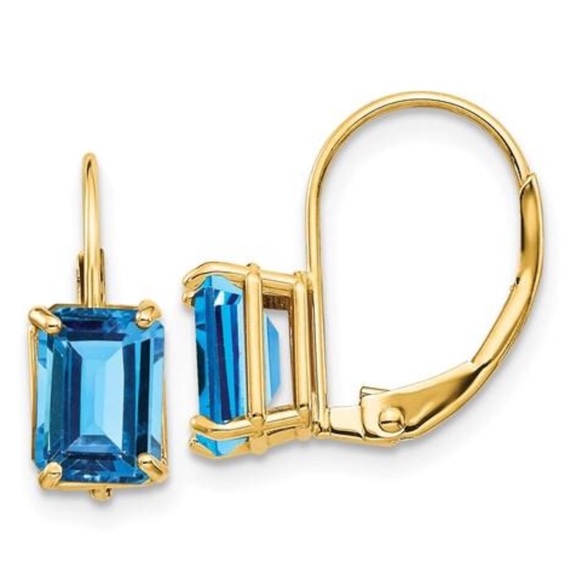 14K Yellow Gold Blue Topaz Leverback Earrings
